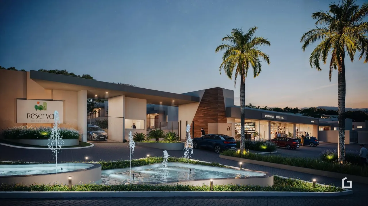 Fachada de um condomínio residencial em Lajeado, Brasil com jardim e fonte decorativa.