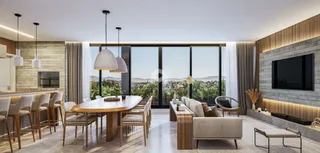 Sala de jantar moderna com vista para o exterior.