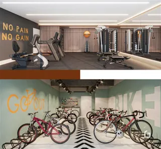 Imagem composta de um ambiente interno com equipamentos de ginástica e bicicletas.