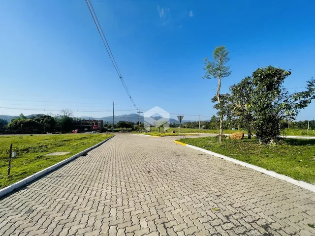 Vista da entrada de uma propriedade com paisagem verde e estrada pavimentada.