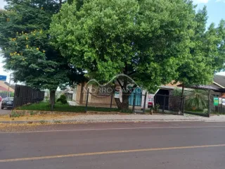 Vista externa de uma propriedade com grande árvore e cerca ao longo da rua.