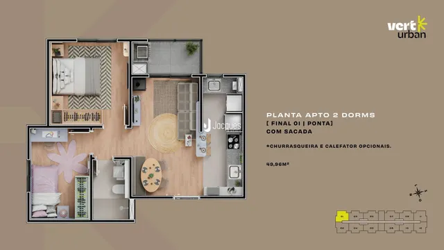 Planta baixa de um apartamento de 2 quartos em Lajeado.