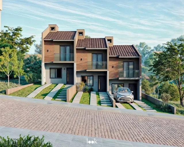 Fachada de uma residência moderna com revestimento de tijolos em Lajeado, Brasil.