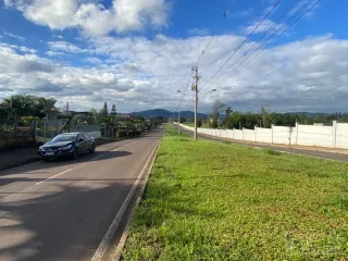 Vista externa de uma rua com gramado.