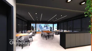 Uma sala de jantar moderna com grandes janelas e decoração contemporânea.