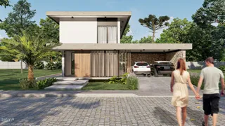 Fachada externa de uma casa moderna com revestimento de madeira e jardim em Lajeado, Brasil.