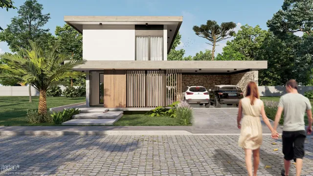 Fachada externa de uma casa moderna com revestimento de madeira e jardim em Lajeado, Brasil.