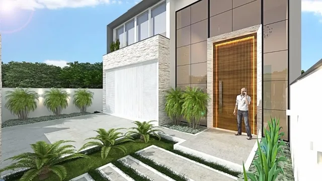 Fachada moderna de uma residência com grandes painéis de vidro e paisagismo em Lajeado, Brasil.