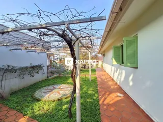 Vista externa mostrando um jardim com gramado e uma estrutura de madeira.