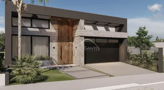 Fachada externa de uma casa moderna com revestimento de pedra e porta de madeira em Lajeado, Brasil.