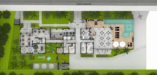 Planta arquitetônica de uma residência com área externa em Lajeado.