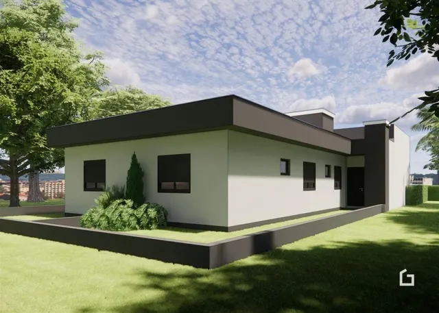 Fachada de uma residência moderna em Lajeado, Brasil, com jardim frontal.