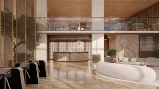 Sala de estar moderna com piso de mármore e grandes janelas.