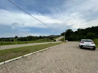 Vista externa de uma rua pavimentada com grama e árvores ao fundo.