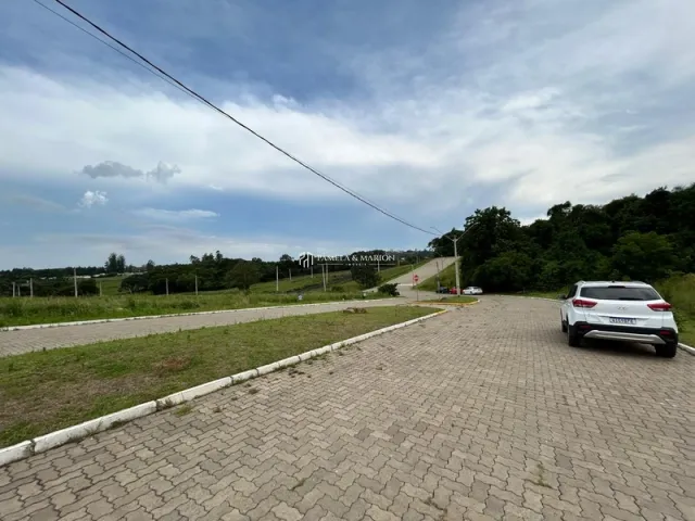 Vista externa de uma rua pavimentada com grama e árvores ao fundo.