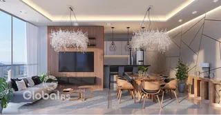 Sala de estar moderna com grandes janelas e decoração contemporânea.