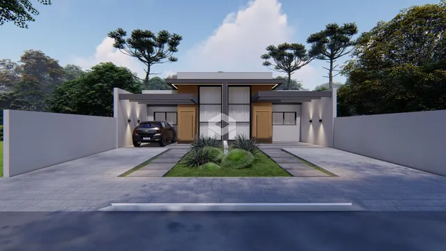 Fachada de uma casa moderna em Lajeado, Brasil com jardim e entrada.