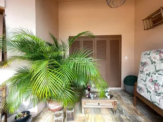 Ambiente interno com muita vegetação e portas de madeira em uma residência.