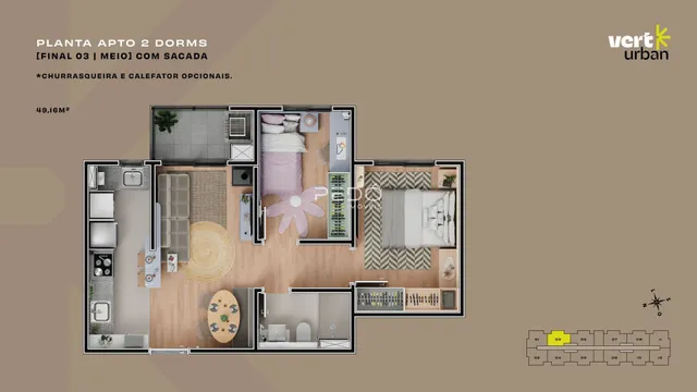Planta baixa de um apartamento de 2 dormitórios em Lajeado, Brasil.