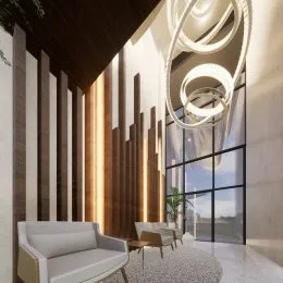 Sala de estar moderna com painéis verticais e grande janela.