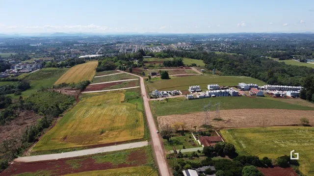 Vista aérea de campos e vegetação em uma área rural.