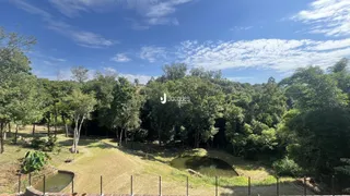 Vista da propriedade com área verde e um lago cercado por árvores.