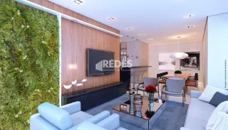 Sala de estar moderna com painéis de madeira e sofá claro.