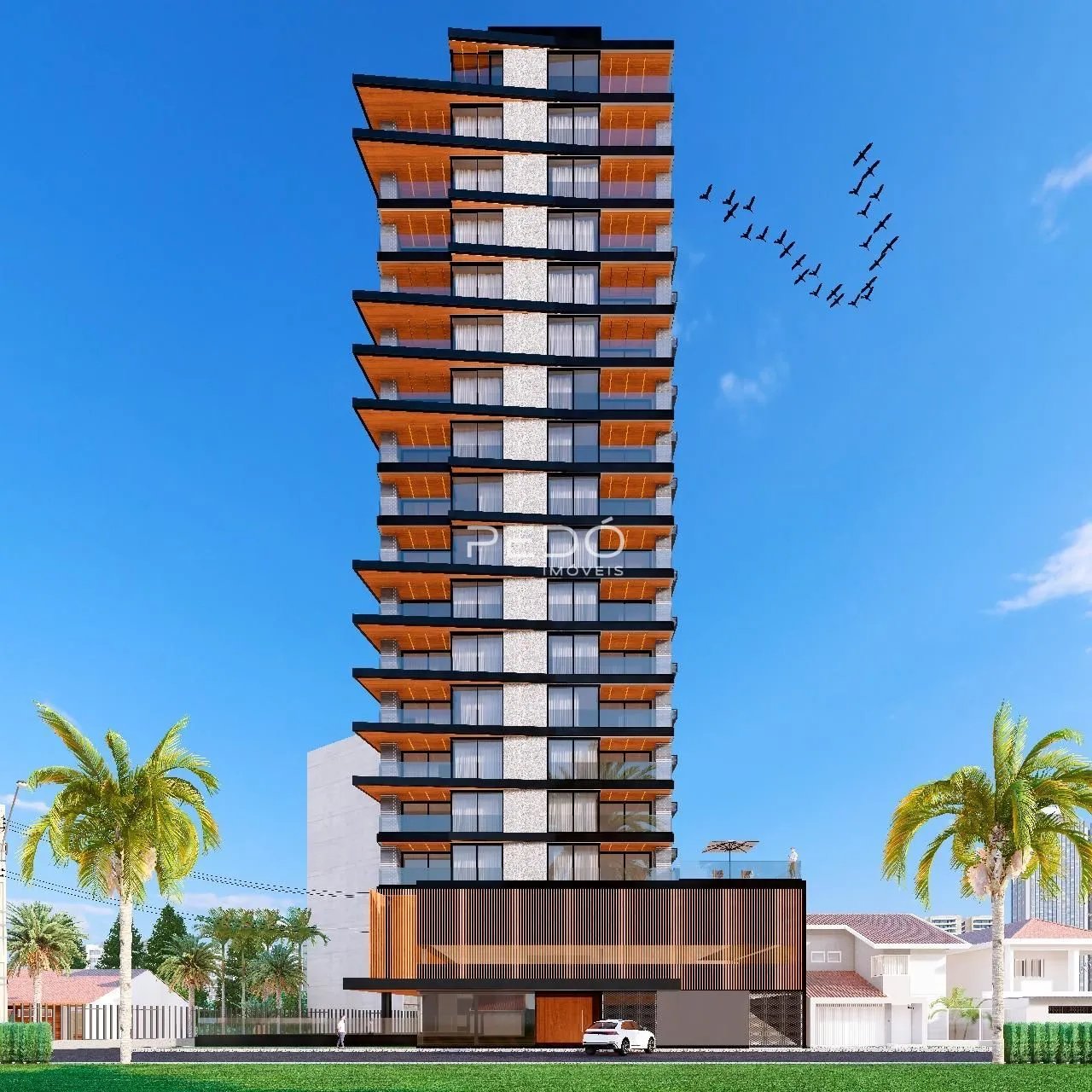 Vista da fachada de um edifício residencial moderno em Lajeado, Brasil.