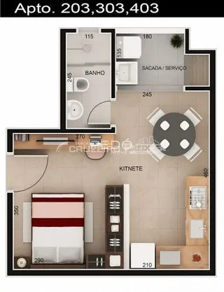 Planta baixa do apartamento 203,303,403 em Lajeado, Brasil.