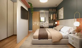 Quarto com cama e armário de madeira em um ambiente moderno.