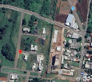 Vista aérea de uma propriedade em Lajeado, Brasil, mostrando o terreno e as ruas adjacentes.