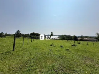 Campo gramado com cerca e árvores ao fundo.