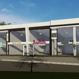 Fachada de um prédio comercial com grandes janelas em Lajeado, Brasil.