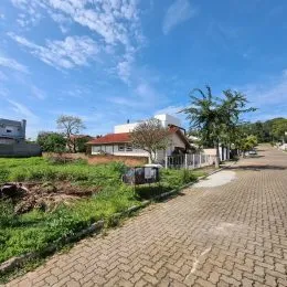 Vista externa de um terreno com vegetação e caminho de paralelepípedos.