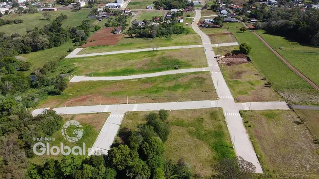 Vista aérea de um terreno aberto com vegetação e estradas de terra.