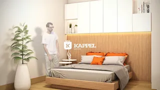 Quarto moderno com cama e armários brancos em ambiente bem iluminado.