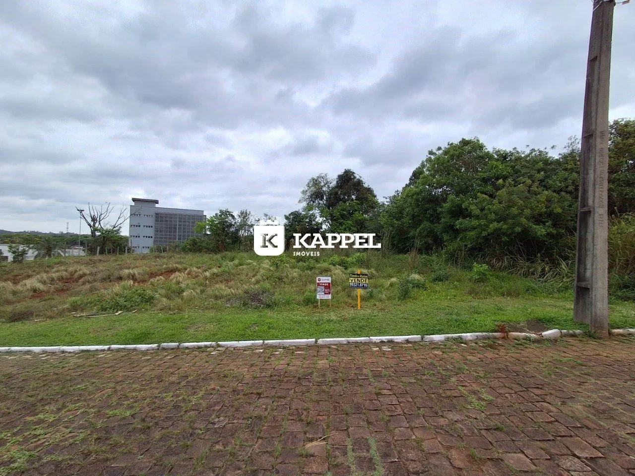 Vista externa de uma propriedade com vegetação e um prédio ao fundo.