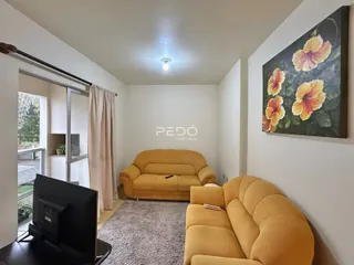 Sala de estar com dois sofás amarelos e um tapete.