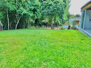 Vista de um gramado verde com árvores ao fundo em uma propriedade.