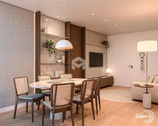 Imagem de um ambiente interno com mesa de jantar e decoração moderna.