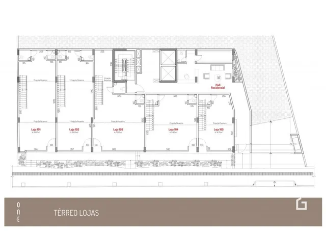 Planta baixa do terreno com layout de lojas no Lajeado, Brasil.