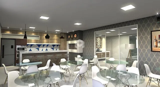 Vista de uma sala de jantar moderna com mesa de vidro e cadeiras brancas.