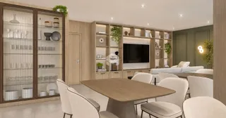 Ambiente interno moderno com mesa de jantar e estantes em madeira.