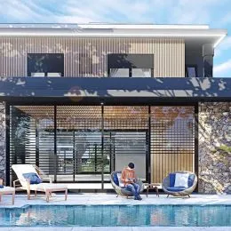 Fachada moderna de uma casa com piscina em Lajeado, Brasil.