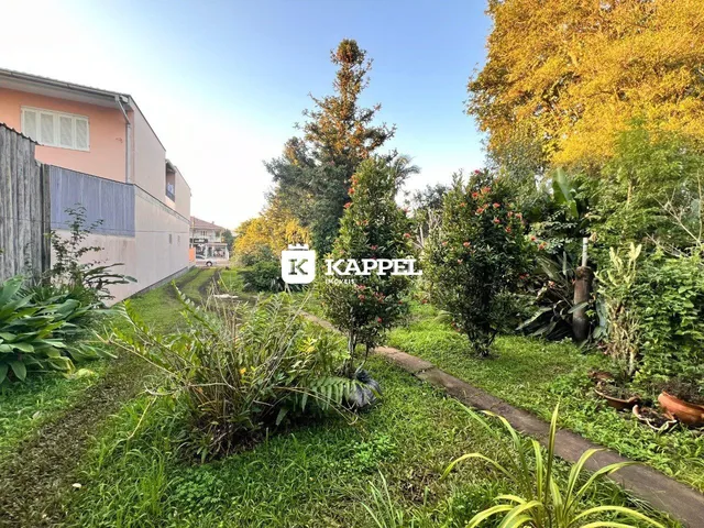Vista externa de uma residência com jardim e vegetação.