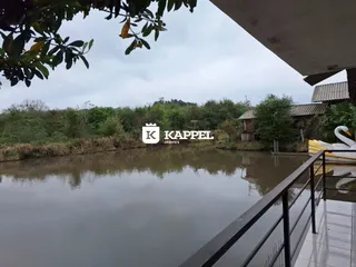 Vista da paisagem com água e vegetação ao fundo.