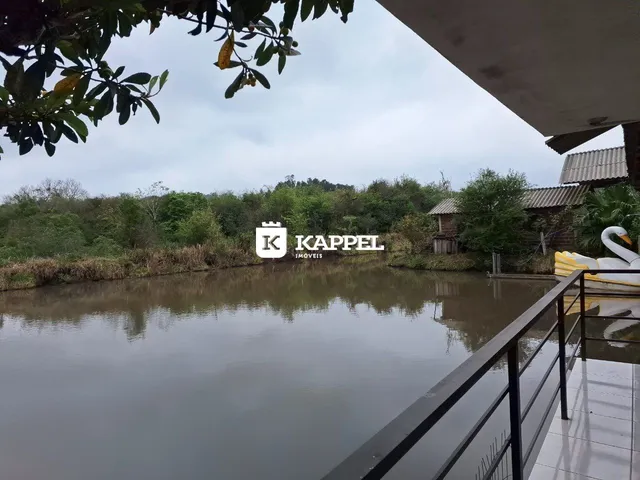 Vista da paisagem com água e vegetação ao fundo.