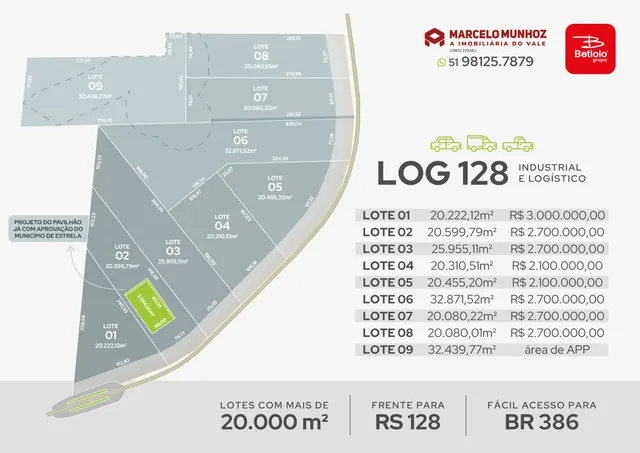 Mapa de lotes de um imóvel em Lajeado, Brasil com informações de preço.