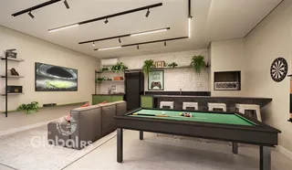 Sala de estar moderna com mesa de bilhar e decoração em Lajeado.