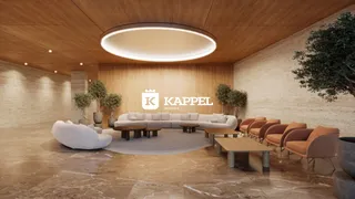 Uma sala de estar moderna com sofá grande e piso de mármore.